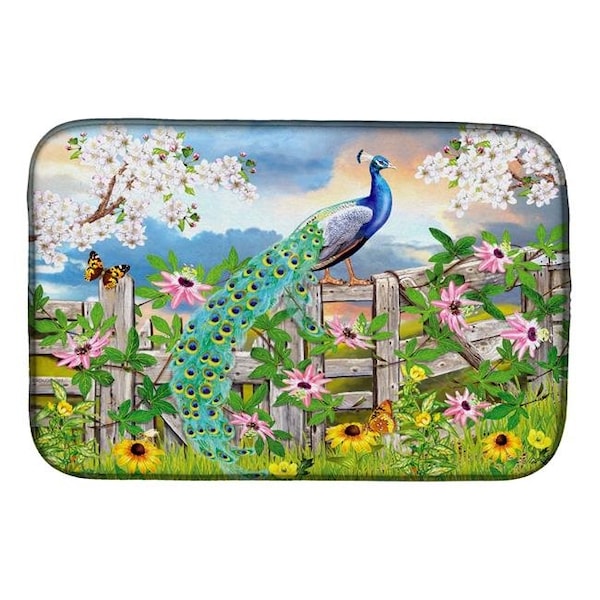 Carolines Treasures PRS4042DDM 14 x 21 in. Peacock on Garden Fence Dish Drying Mat PRS4042DDM - main